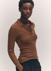 Arklow Extrafine Merino Ribbed Polo Shirt in Hazelnut