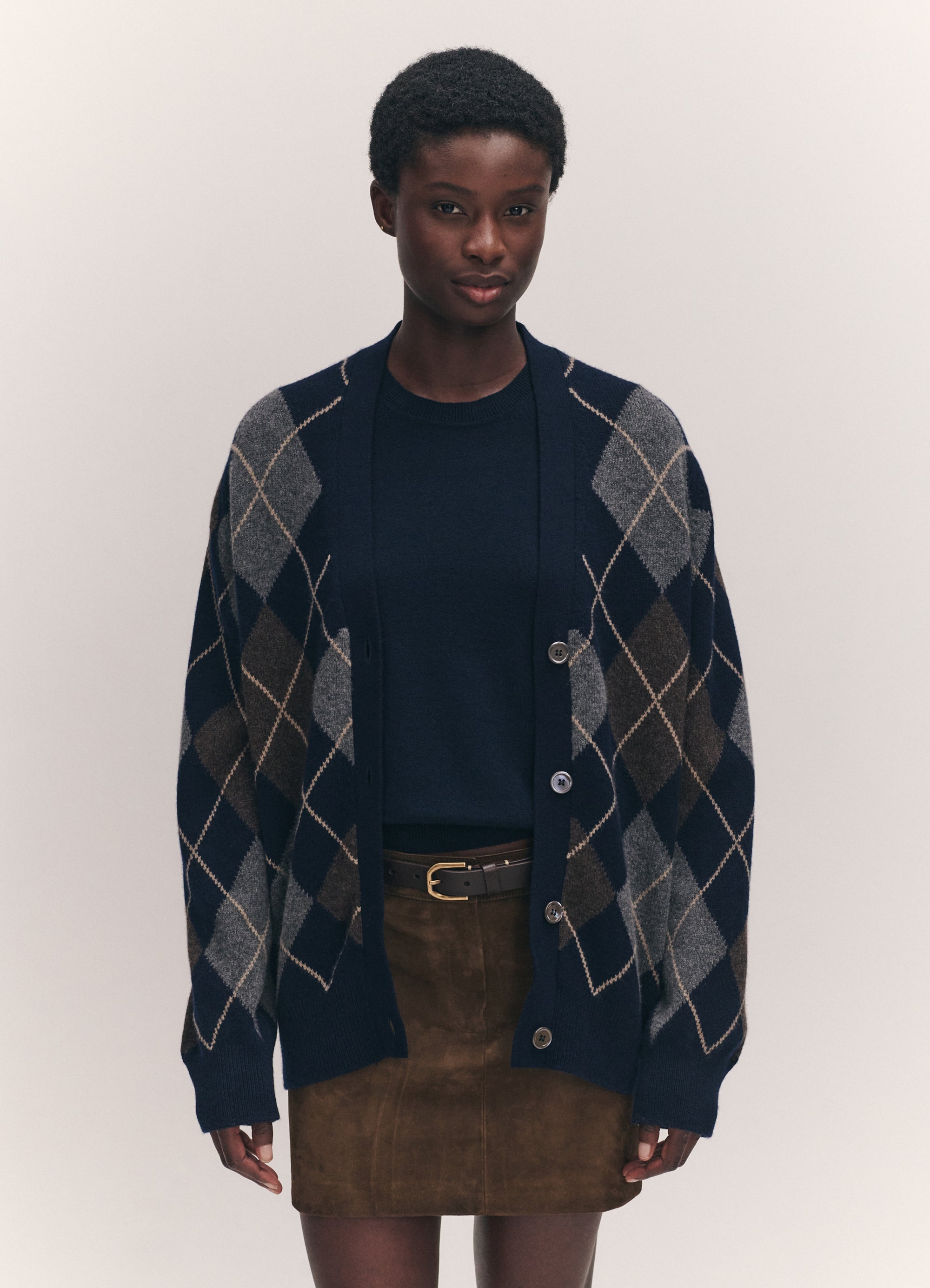 Ava Argyle Cardigan in Navy with Brown – &Daughter