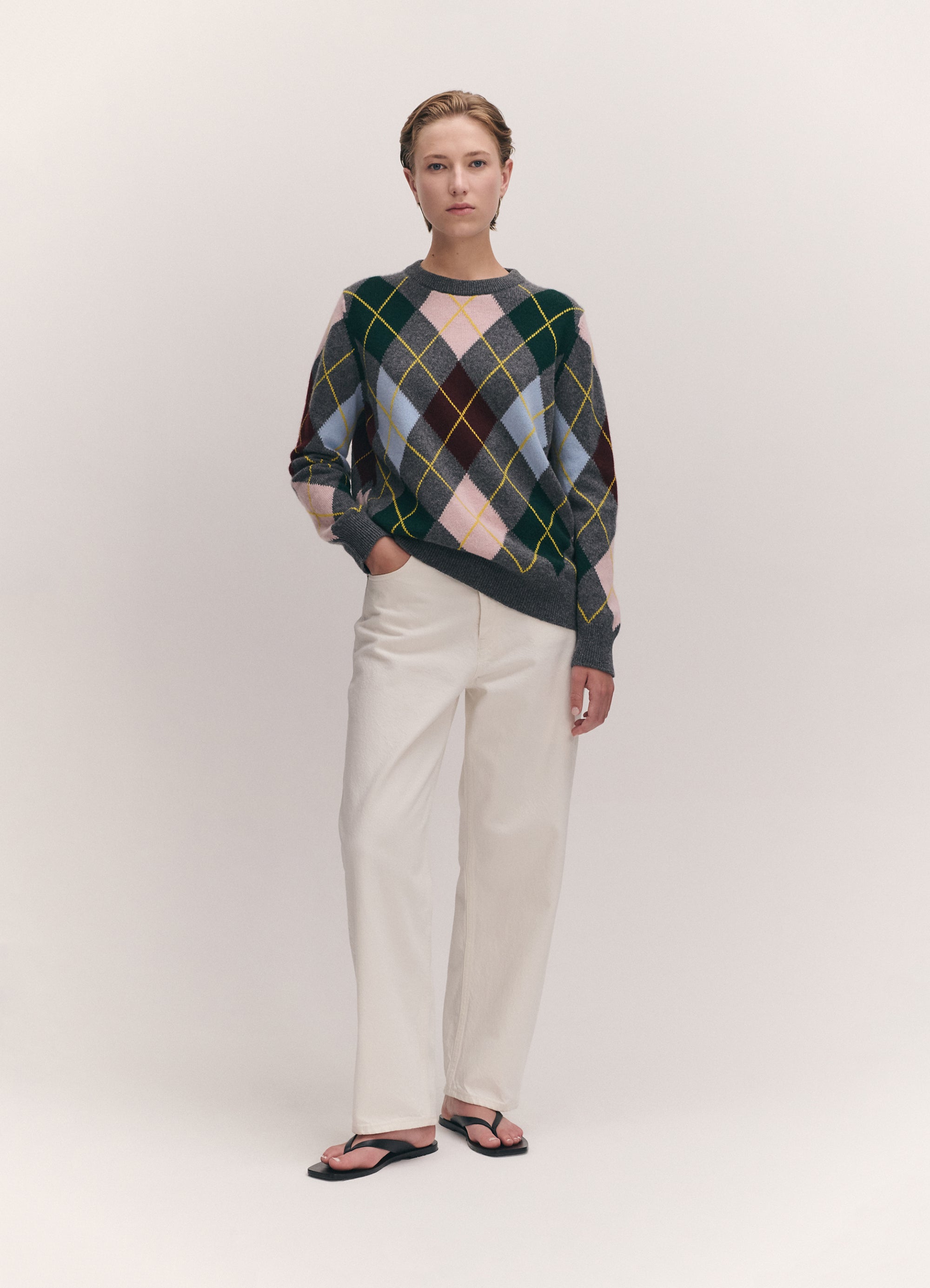 Ava Argyle Crewneck in Derby Grey with Pink – &Daughter