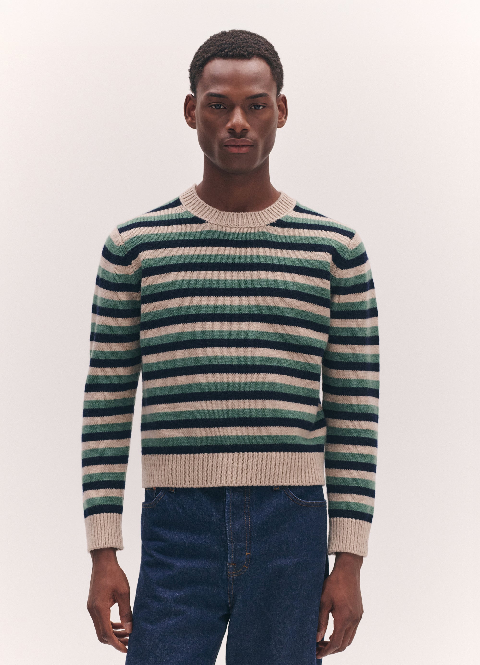 Mens Rosha Shrunken Crewneck in Strath and Oatmeal Stripe – &Daughter