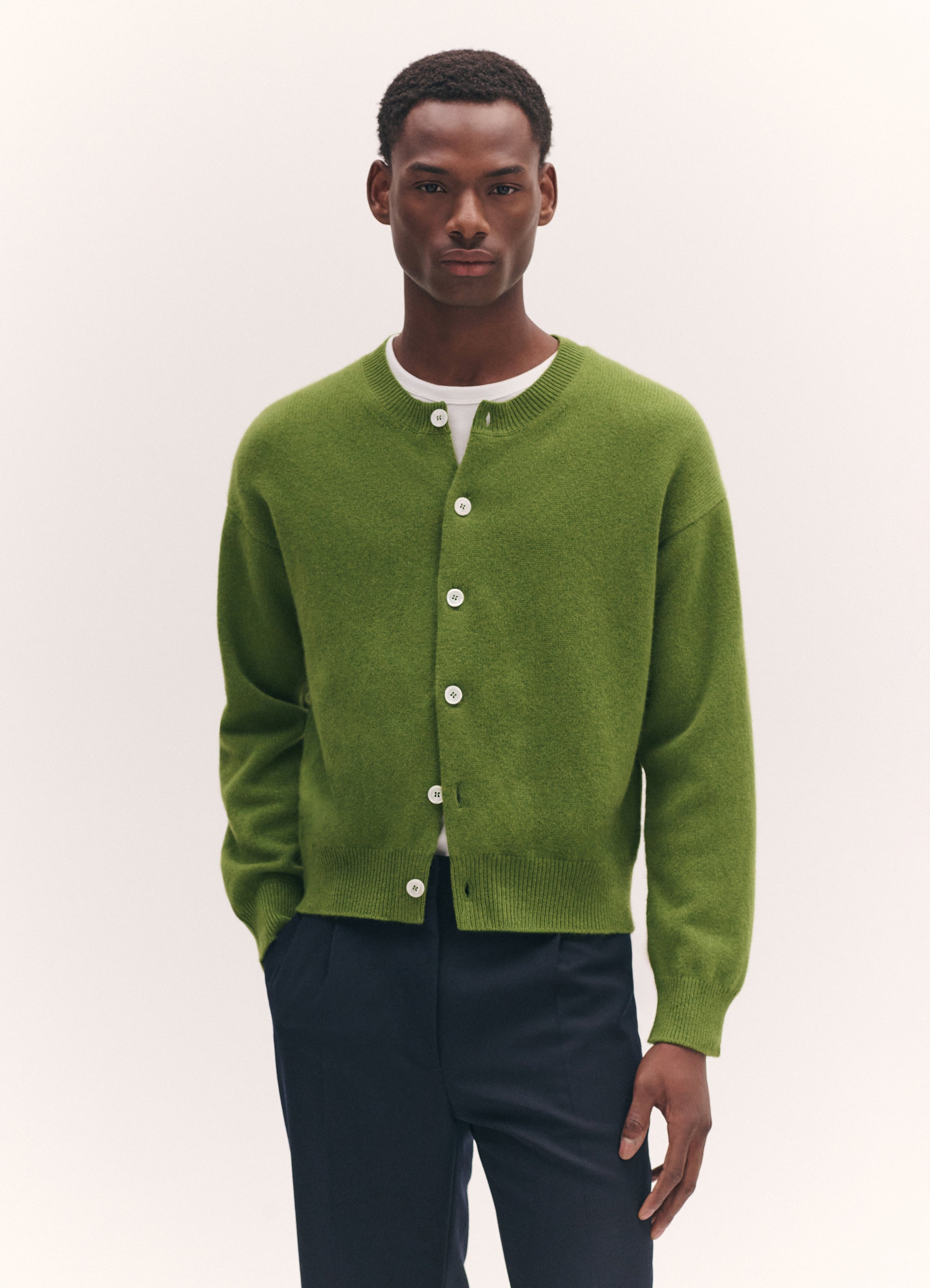 Mens Ada Crewneck Cardigan in Pickle Green – &Daughter