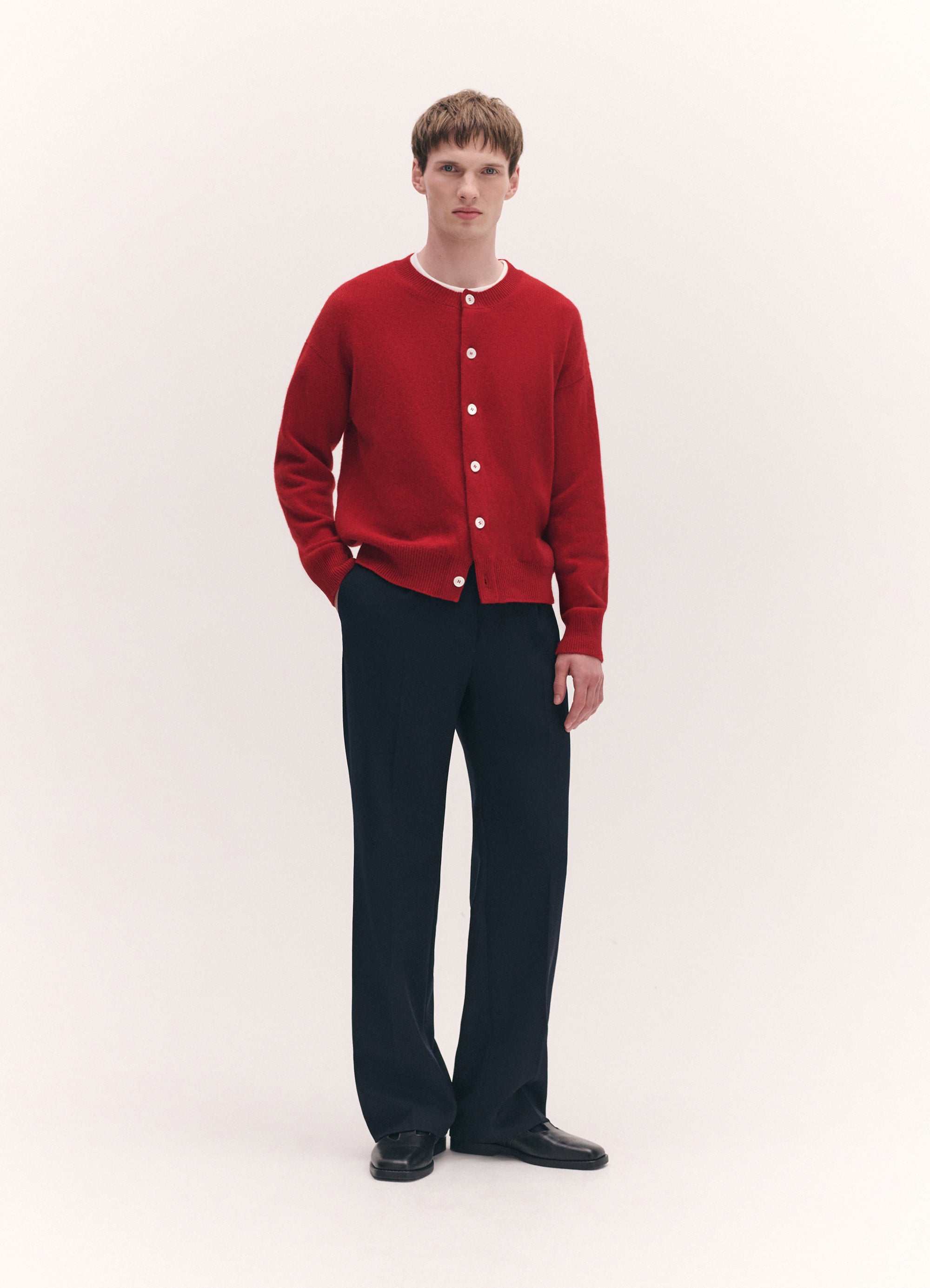 Mens Ada Crewneck Cardigan in Ruby Red – &Daughter