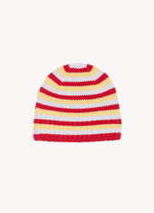 Rib Trim Cashmere Hat in Ruby Red and Dust Blue Stripe