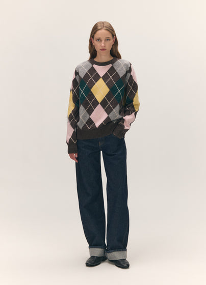 Ava Argyle Crewneck in Brown with Pale Pink & Yellow
