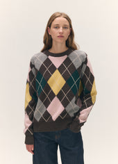 Ava Argyle Crewneck in Brown with Pale Pink & Yellow