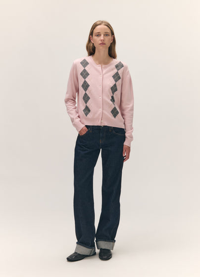 Una Argyle Crewneck Cardigan in Pale Pink