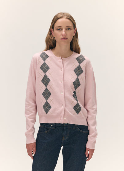 Una Argyle Crewneck Cardigan in Pale Pink
