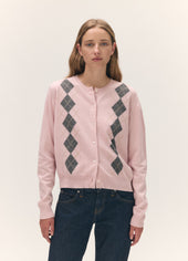Una Argyle Crewneck Cardigan in Pale Pink