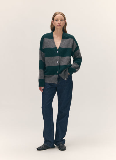 Sora V-Neck Cardigan in Derby Grey with Holly Stripe