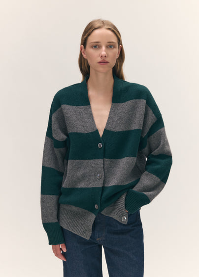 Sora V-Neck Cardigan in Derby Grey with Holly Stripe