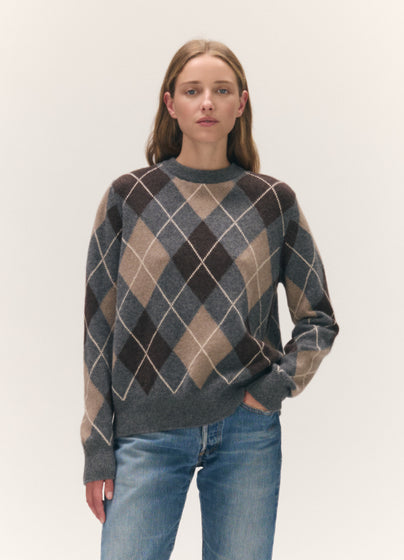 Ava Argyle Crewneck in Grey with Brown