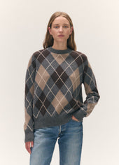 Ava Argyle Crewneck in Grey with Brown