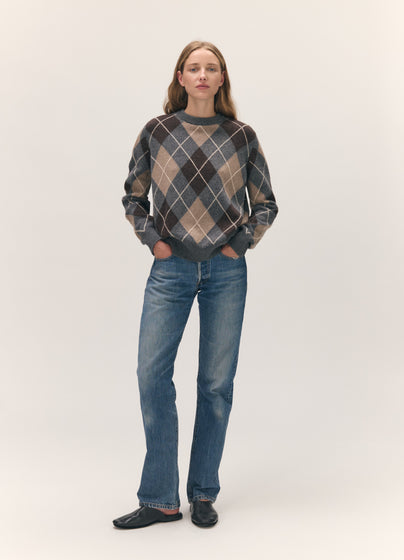 Ava Argyle Crewneck in Grey with Brown