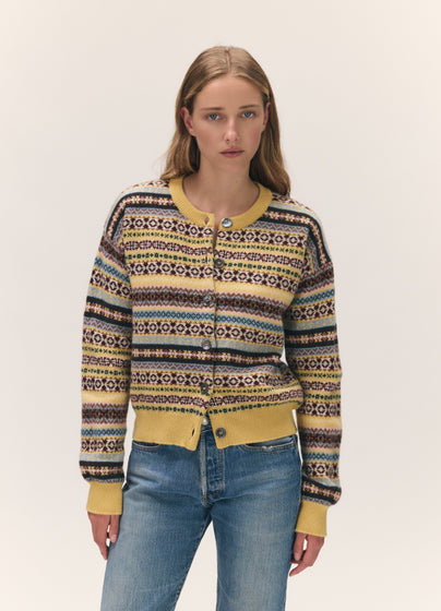 Ada Fairisle Crewneck Cardigan in Yellow Multi