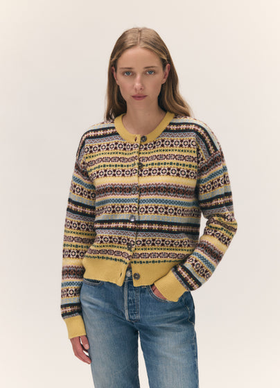Ada Fairisle Crewneck Cardigan in Yellow Multi