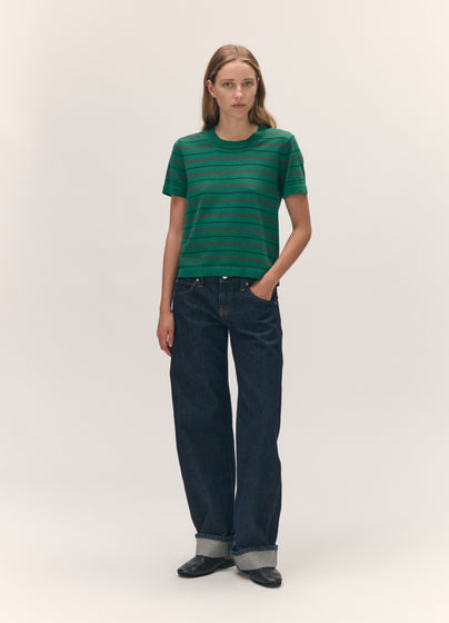 Short Sleeve Shrunken T-Knit in Green Stripe