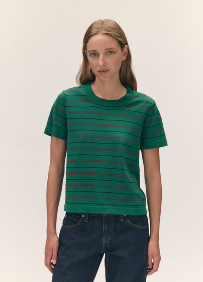 Short Sleeve Shrunken T-Knit in Green Stripe