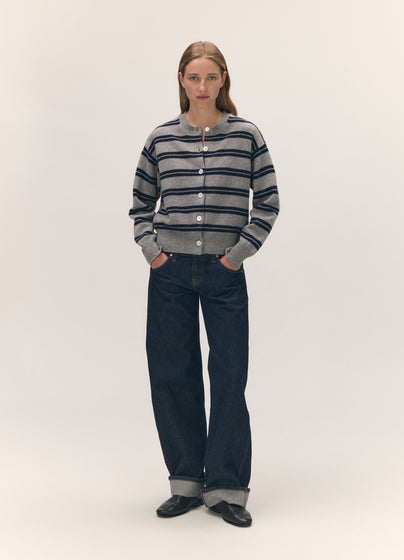 Ada Crewneck Cardigan in Flannel/Navy Stripe