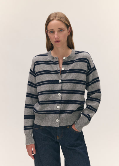 Ada Crewneck Cardigan in Flannel/Navy Stripe