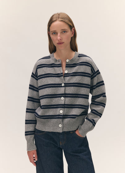 Ada Crewneck Cardigan in Flannel/Navy Stripe