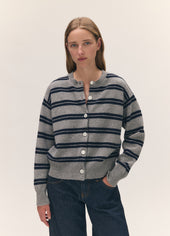 Ada Crewneck Cardigan in Flannel/Navy Stripe