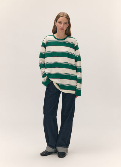 Long Sleeve Slouchy T-Knit in Green Stripe