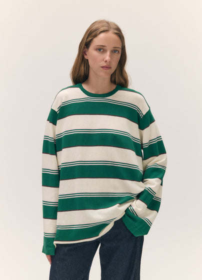 Long Sleeve Slouchy T-Knit in Green Stripe