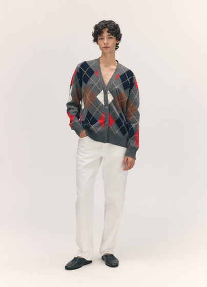 Ava Argyle Cardigan in Derby Grey with Red