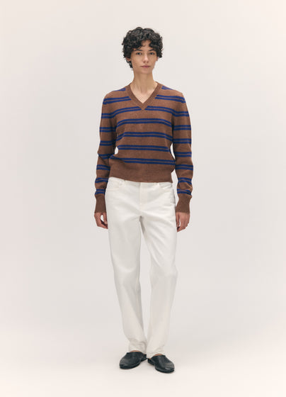 Sligo Shrunken V-Neck in Hazelnut/Smalt Stripe