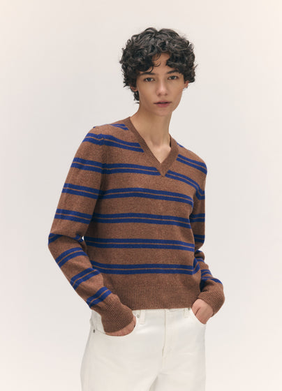 Sligo Shrunken V-Neck in Hazelnut/Smalt Stripe