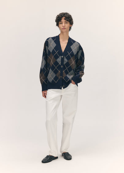 Ava Argyle Cardigan in Navy with Brown