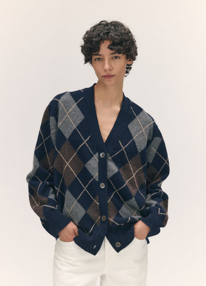 Ava Argyle Cardigan in Navy with Brown