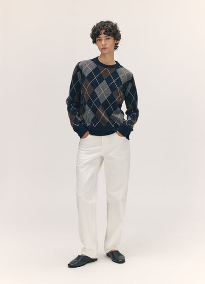 Ava Argyle Crewneck in Navy with Brown
