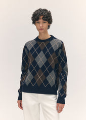 Ava Argyle Crewneck in Navy with Brown