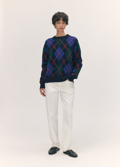 Ava Argyle Crewneck in Navy with Smalt