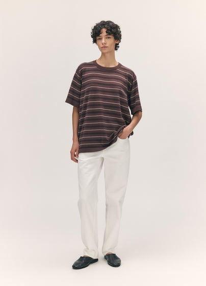 Short Sleeve Slouchy T-Knit in Brown Stripe