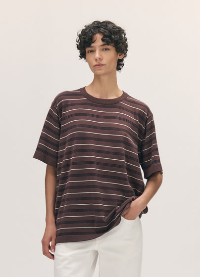 Short Sleeve Slouchy T-Knit in Brown Stripe