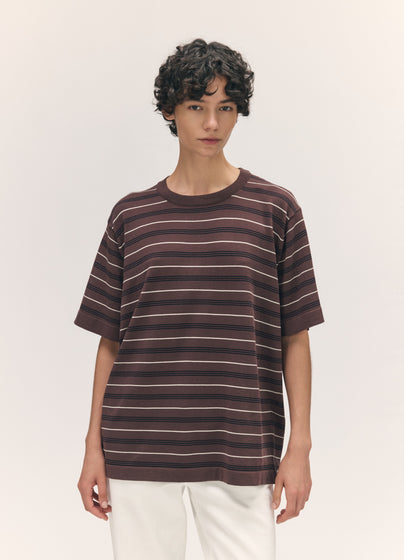 Short Sleeve Slouchy T-Knit in Brown Stripe