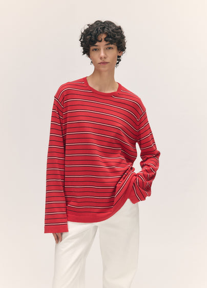 Long Sleeve Slouchy T-Knit in Red Stripe