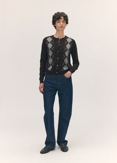 Una Argyle Crewneck Cardigan in Dark Brown