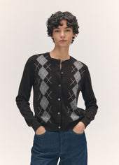 Una Argyle Crewneck Cardigan in Dark Brown