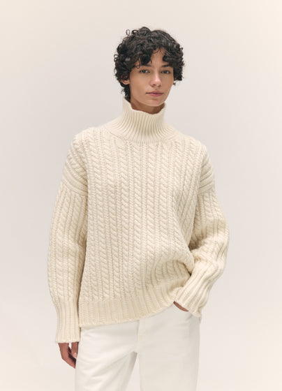 Caragh Cable High Neck in Undyed White
