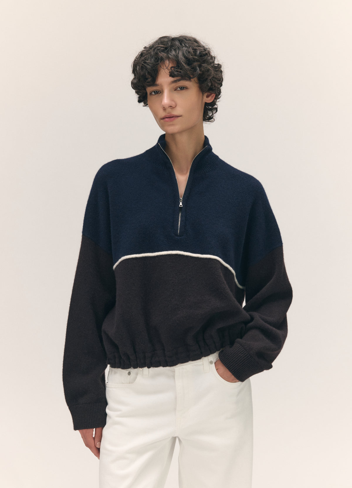Alden Half Zip Fleece in Navy with Dark Brown