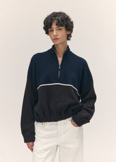 Alder Half Zip Fleece in Navy with Dark Brown