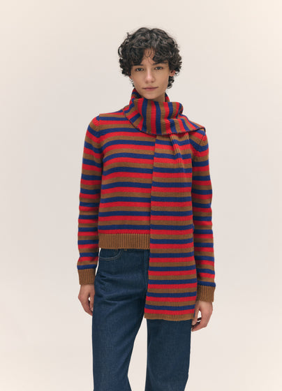 Clover Striped Scarf in Hazelnut with Poppy & Smalt