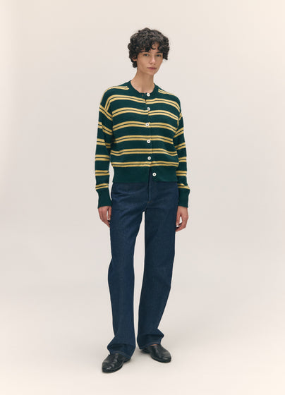 Ada Crewneck Cardigan in Holly/Yellow Stripe