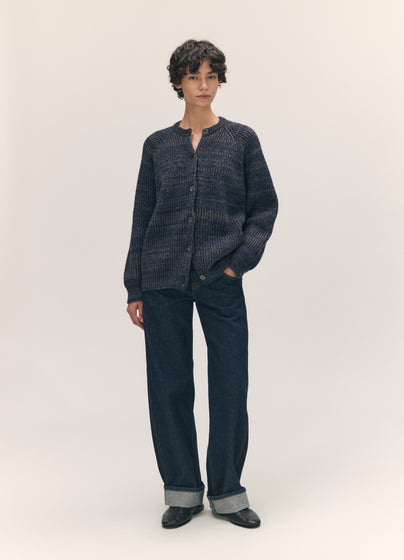 Rowan Rib Crew Cardigan in Navy Marle