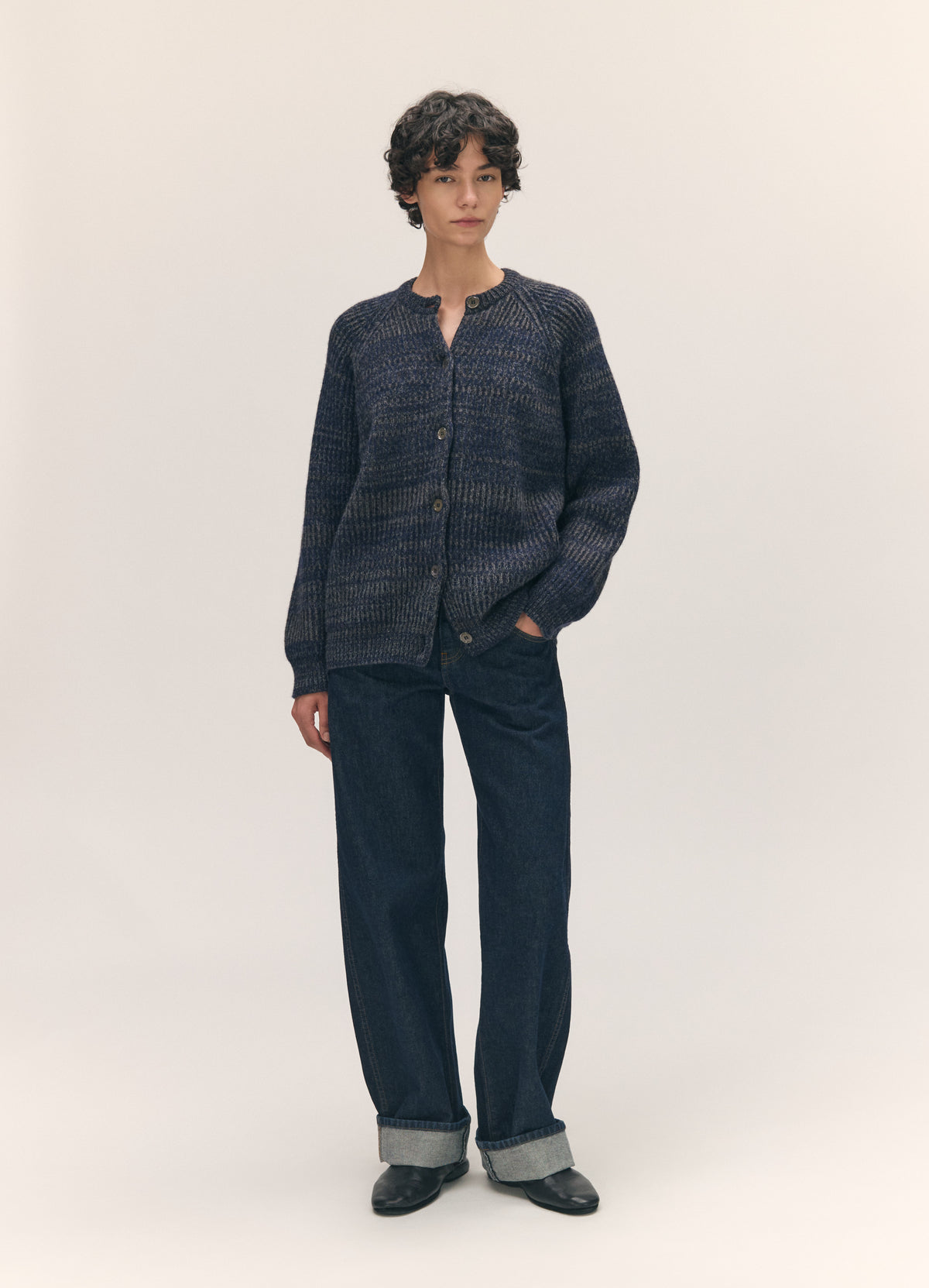 Rowan Rib Crew Cardigan in Navy Marle