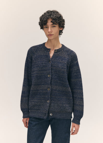 Rowan Rib Crew Cardigan in Navy Marle