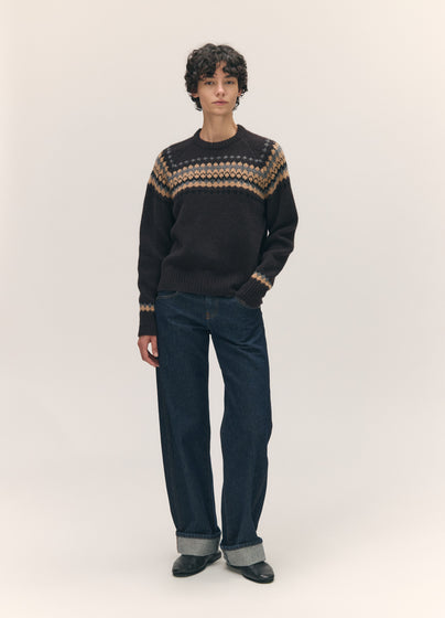 Flora Fairisle Crewneck in Dark Brown Multi